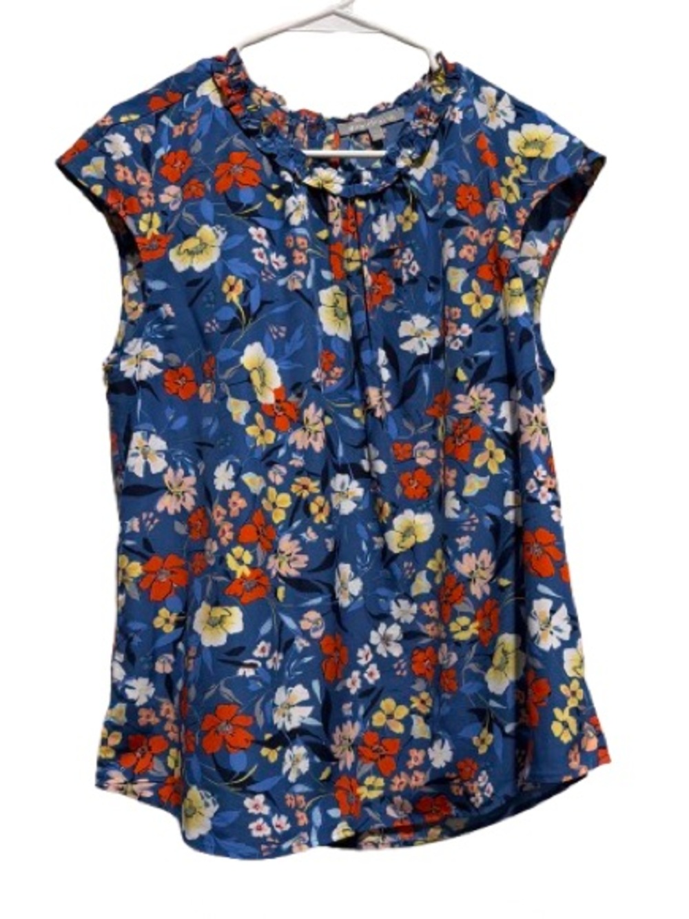 Daniel Rainn Blue Floral Ruffle-Neck Cap Sleeve Top XL